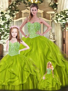 Comfortable Olive Green Lace Up Ball Gown Prom Dress Beading and Ruffles Sleeveless Floor Length