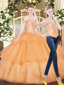 Affordable Orange Red Lace Up Sweet 16 Dresses Beading and Ruffled Layers Sleeveless Floor Length