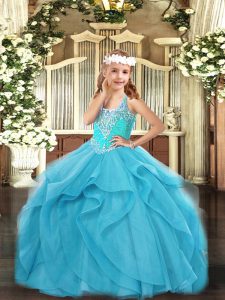 New Arrival Aqua Blue Sleeveless Floor Length Beading and Ruffles Lace Up Custom Made Pageant Dress