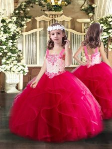 Excellent Hot Pink Sleeveless Floor Length Beading and Ruffles Lace Up Pageant Gowns For Girls
