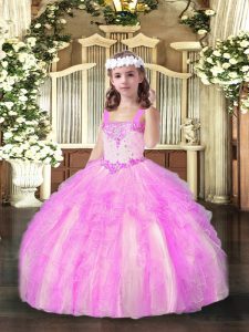 Beautiful Lilac Organza Lace Up Child Pageant Dress Sleeveless Floor Length Beading and Ruffles
