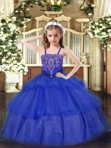 Dramatic Straps Sleeveless Pageant Dress for Teens Floor Length Beading and Ruffled Layers Royal Blue Organza