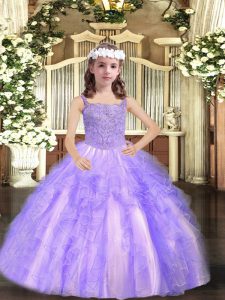 Straps Sleeveless Tulle Little Girls Pageant Dress Beading and Ruffles Lace Up