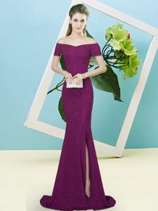 Sumptuous Purple Homecoming Dress Sequined Sweep Train Short Sleeves Sequins