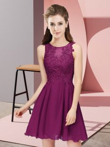 Great Scoop Sleeveless Bridesmaids Dress Mini Length Appliques Dark Purple Chiffon