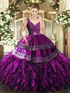 Gorgeous Purple Ball Gowns V-neck Sleeveless Organza Floor Length Backless Beading and Ruffles and Ruching Sweet 16 Quinceanera Dress