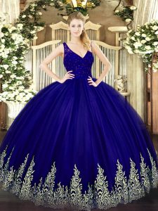 Sleeveless Floor Length Beading and Lace and Appliques Backless Sweet 16 Dress with Purple