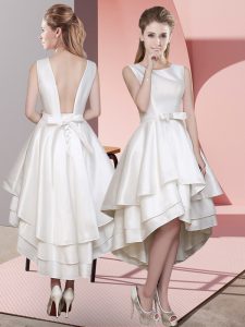 White Lace Up Bridesmaid Dress Ruffled Layers Sleeveless High Low