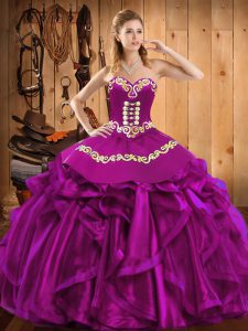 Glorious Fuchsia Ball Gowns Embroidery and Ruffles Quinceanera Dress Lace Up Satin and Organza Sleeveless Floor Length