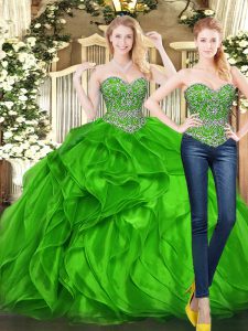 Sophisticated Sweetheart Sleeveless 15 Quinceanera Dress Floor Length Beading and Ruffles Green Tulle