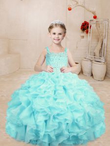 Dazzling Aqua Blue Lace Up Straps Beading and Ruffles Pageant Dress for Womens Organza Sleeveless