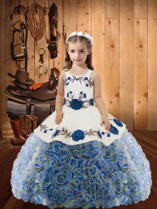Fabric With Rolling Flowers Sleeveless Floor Length Little Girls Pageant Dress and Embroidery and Ruffles