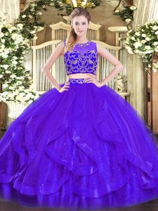Purple Two Pieces Beading and Ruffles Quinceanera Gown Zipper Tulle Sleeveless Floor Length