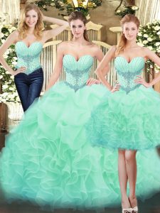 Floor Length Lace Up Quince Ball Gowns Apple Green for Military Ball and Sweet 16 and Quinceanera with Beading and Ruffles