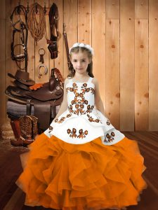 Fancy Embroidery and Ruffles Girls Pageant Dresses Orange Lace Up Sleeveless Floor Length
