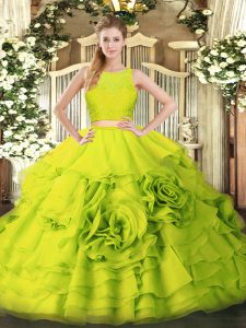 Stunning Yellow Green Tulle Zipper Sweet 16 Dress Sleeveless Floor Length Ruffles
