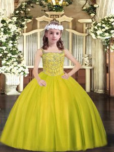 Yellow Green Tulle Lace Up Straps Sleeveless Floor Length Pageant Dresses Beading