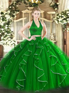 Fantastic Organza Halter Top Sleeveless Zipper Ruffles Ball Gown Prom Dress in Green