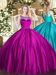 Floor Length Fuchsia Ball Gown Prom Dress Satin Sleeveless Beading