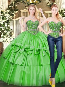 Artistic Green Ball Gowns Organza Sweetheart Sleeveless Beading and Ruffled Layers Floor Length Lace Up 15 Quinceanera Dress