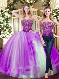 Strapless Sleeveless Tulle Sweet 16 Dress Beading and Ruffles Lace Up