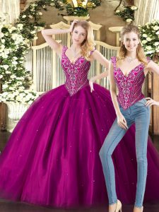Beading 15 Quinceanera Dress Fuchsia Lace Up Sleeveless Floor Length