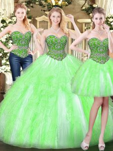 Sleeveless Floor Length Beading and Ruffles Lace Up Quinceanera Gown with