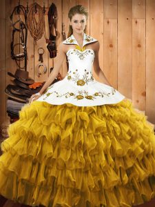 Gold Ball Gowns Halter Top Sleeveless Satin and Organza Floor Length Lace Up Embroidery and Ruffled Layers Sweet 16 Dress