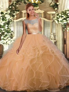 Gold Backless Scoop Lace and Ruffles Sweet 16 Dress Organza Sleeveless