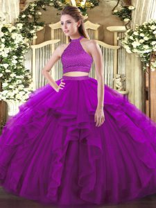 Purple Tulle Backless Ball Gown Prom Dress Sleeveless Floor Length Beading and Ruffles
