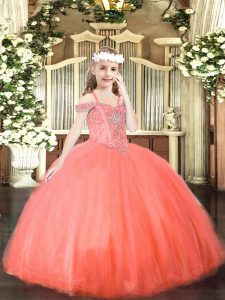 Fantastic Coral Red Ball Gowns Tulle Off The Shoulder Sleeveless Beading Floor Length Lace Up Kids Pageant Dress