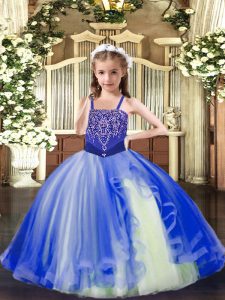 Best Royal Blue Lace Up Straps Beading Kids Formal Wear Tulle Sleeveless