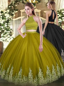 Free and Easy Olive Green Halter Top Neckline Beading and Appliques Quince Ball Gowns Sleeveless Backless