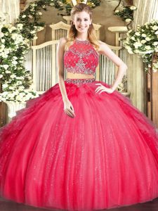 Custom Designed Two Pieces Quince Ball Gowns Red Scoop Tulle Sleeveless Floor Length Zipper