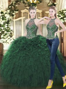 Sleeveless Floor Length Beading and Ruffles Lace Up Quinceanera Dress with Dark Green