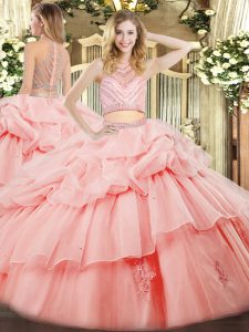 Latest Sleeveless Floor Length Beading and Ruffles Zipper 15th Birthday Dress with Pink