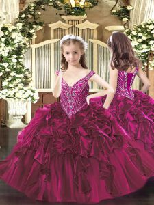 Exquisite Fuchsia Lace Up Little Girl Pageant Gowns Beading and Ruffles Sleeveless Floor Length