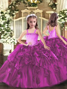 Ball Gowns Winning Pageant Gowns Fuchsia Straps Organza Sleeveless Floor Length Lace Up