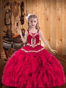 Sleeveless Organza Floor Length Lace Up Pageant Dress for Womens in Coral Red with Embroidery and Ruffles