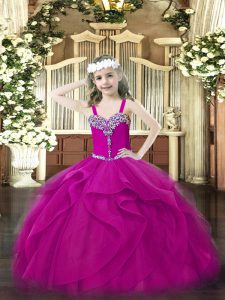 Pretty Floor Length Ball Gowns Sleeveless Fuchsia Little Girls Pageant Dress Lace Up