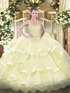 Decent Straps Sleeveless Zipper Ball Gown Prom Dress Light Yellow Organza