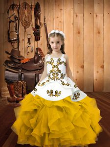 Gold Sleeveless Embroidery and Ruffles Floor Length Pageant Dress for Teens