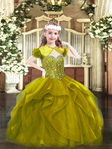Dramatic Olive Green Lace Up Pageant Dress for Teens Beading and Ruffles Sleeveless Floor Length