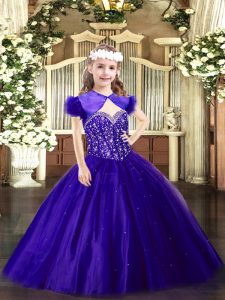Elegant Purple Sleeveless Floor Length Beading Lace Up Little Girl Pageant Dress