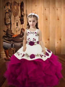 Tulle Sleeveless Floor Length Little Girl Pageant Dress and Embroidery and Ruffles