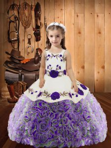 Beautiful Multi-color Sleeveless Floor Length Embroidery and Ruffles Lace Up Little Girl Pageant Gowns