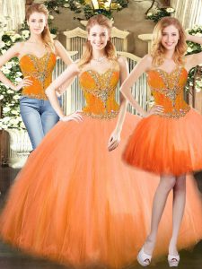 Best Sleeveless Tulle Floor Length Lace Up 15 Quinceanera Dress in Orange Red with Beading