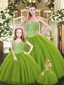 Luxurious Olive Green Sleeveless Floor Length Beading Lace Up Sweet 16 Quinceanera Dress