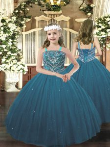 Straps Sleeveless Lace Up Child Pageant Dress Teal Tulle