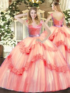 Adorable Watermelon Red Tulle Zipper Sweet 16 Quinceanera Dress Sleeveless Floor Length Beading and Appliques